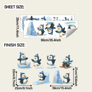 Detail of sheet and finish dimensions for skating penguin cartoon Christmas wall stickers