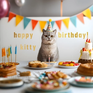 Colorful birthday party decorations for cats featuring alphabet stickers and props