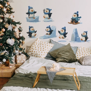 Cartoon skating penguin Christmas wall stickers for nursery and home decoration