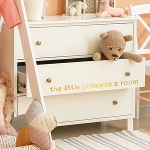 White wooden 3-drawer storage chest with vintage handles and golden princess room text