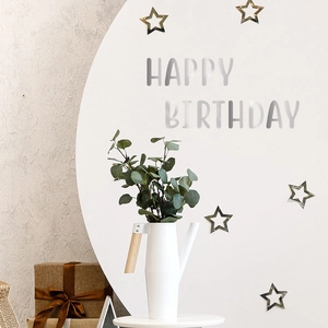 Modern white round birthday background with silver Happy Birthday lettering and stars