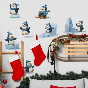 Christmas wall decals with seven cute cartoon penguins skating and skiing for home decor