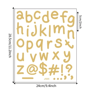 Detail specifications of colorful alphabet DIY mirror stickers for home decor with dimensions