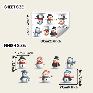 Detailed sheet showing 40x60cm Christmas snowman wall decals with individual size dimensions
