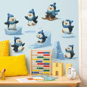 Cartoon skating penguin Christmas wall stickers for kids room winter home decoration