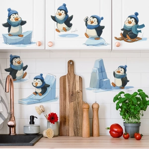 Christmas Cartoon Skating Penguin Wall Stickers PVC Removable Winter Scene Decals For Kids Room Home Wall Decoration