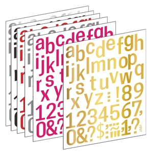Detail view of J507 small letter and number stickers in six vibrant metallic colors