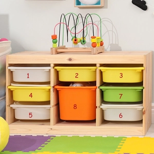 Three-tier wooden toy organizer with eight colorful plastic storage bins for kids rooms