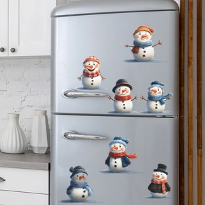 Charming set of 7 snowman wall stickers with colorful hats on a silver refrigerator