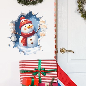 3D wall sticker featuring a cute Christmas snowman with a broken wall effect for home decor
