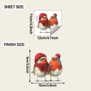 Detail sheet showing bird window decals with Christmas hats and finish size dimensions