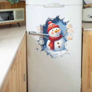 3D Christmas snowman wall sticker with cracked wall effect on white refrigerator door
