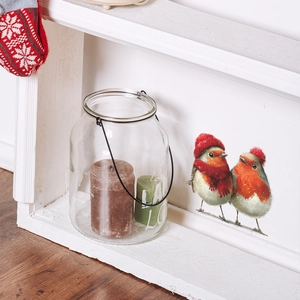 Festive Christmas window stickers with red-breasted robins in winter hats and scarves