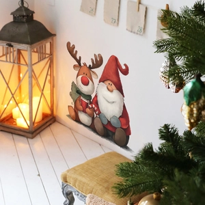 Festive Christmas wall stickers with cartoon reindeer and gnome for home living room decor
