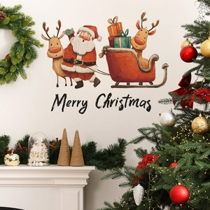 Stickers muraux de Noël avec Père Noël, rennes et texte Merry Christmas pour décor