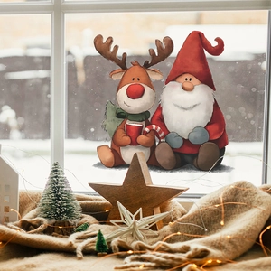 Christmas Reindeer Gnome Wall Stickers PVC Hand Painted Cartoon Festive Window Decals For Home Living Room Decoration