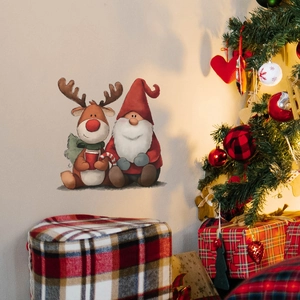 Christmas wall stickers featuring cartoon Santa gnome and reindeer for festive home decor