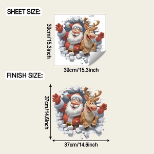 3D Christmas wall sticker showing Santa Claus and reindeer layout and finished dimensions