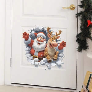 3D Christmas wall sticker featuring Santa and elk through a wall for home festive decor