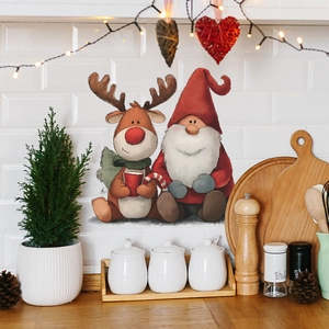 Festive Christmas wall stickers featuring cute reindeer and gnome on kitchen tile background