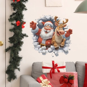 3D Christmas wall sticker featuring Santa Claus and reindeer breaking through wall