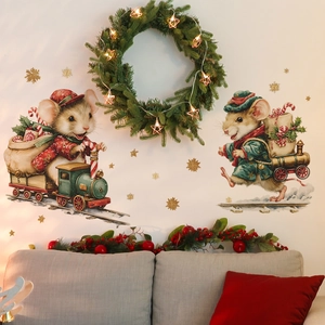 Stickers muraux souris de Noël et flocons dorés pour décoration de fête à la maison
