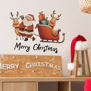 Stickers Muraux de Noël Père Noël Renne Traîneau PVC Imperméable Merry Christmas Citation Décalcomanies Murales pour Salon Décoration Maison