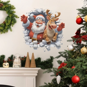3D Broken Wall Christmas Wall Sticker Santa Claus Reindeer Pattern PVC Self Adhesive Home Holiday Decoration Wall Decal
