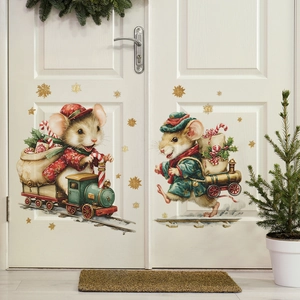 Stickers muraux souris de Noël sur train à vapeur et flocons dorés pour décoration