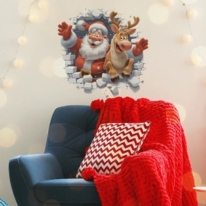 3D Christmas Santa and Reindeer wall sticker breaking through a white brick wall
