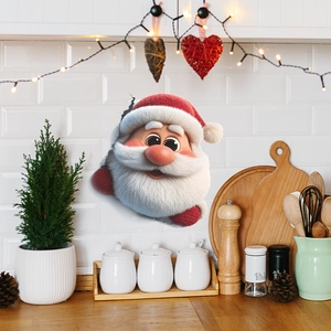 3D Christmas Santa Claus wall sticker showing a festive peeking effect on white tile kitchen wall