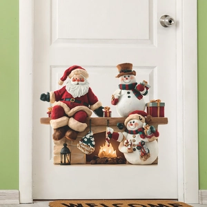 Sticker mural 3D de Noël avec Père Noël et bonhommes de neige près du feu