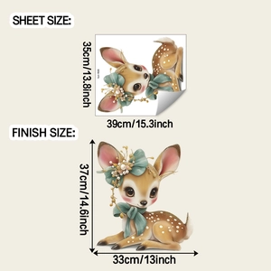 Dimensions détaillées du sticker cerf de Noël montrant la taille de planche et de finition