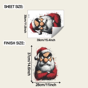 Size guide for funny Santa Claus wall sticker showing sheet dimensions and finish effect