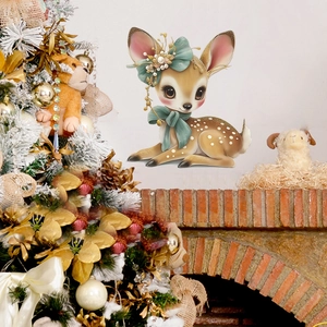 Sticker mural cerf de Noël festif avec fleurs et nœud pour la décoration de la maison