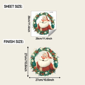 Detail showing sheet size and finish size for Santa Claus floral wreath wall sticker