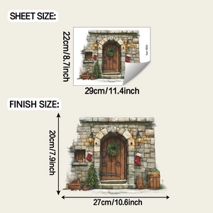 Detail showing Christmas wall sticker dimensions with stone door and festive wreath graphics