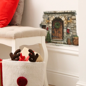 3D Christmas stone arch wall sticker with wooden door and festive wreath decoration