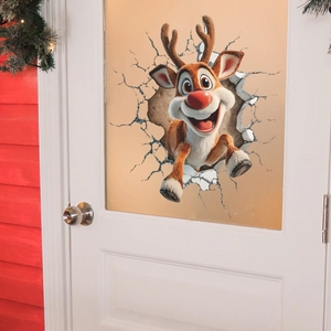 3D Christmas reindeer wall sticker with cartoon elk popping through broken wall effect
