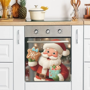 Festive Santa Claus and gift box sticker for oven door in a cozy kitchen setting