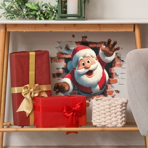 3D Santa Claus wall sticker crashing through wall with holiday gift box background