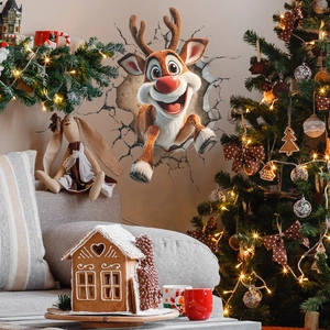 3D Christmas wall sticker featuring a cute reindeer breaking through the wall for decor