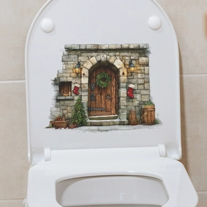 Christmas themed toilet lid decal with vintage stone wall and wooden door design