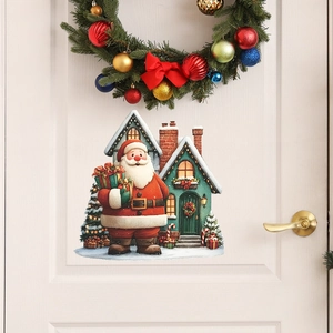 Adesivi murali natalizi autoadesivi con Babbo Natale e casa innevata su porta bianca