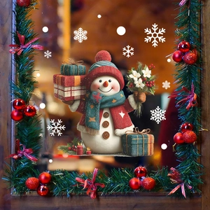 Christmas snowman window decals with snowflakes and gift box for festive home decor