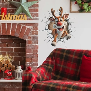 3D Christmas reindeer wall sticker shown on home wall with fireplace and festive decor
