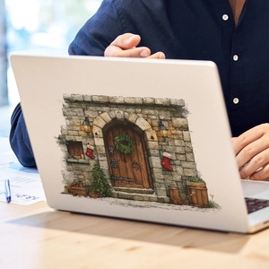 Christmas stone wall and wooden door theme decorative sticker for laptop cover