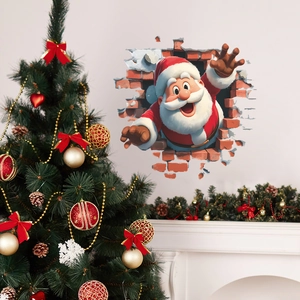 3D Christmas Santa Claus wall sticker bursting through a brick wall for festive home decor