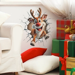 3D Christmas reindeer wall sticker with broken wall effect for living room decor