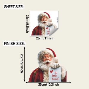Detailed sheet and finish size specifications for Santa Claus glass window sticker
